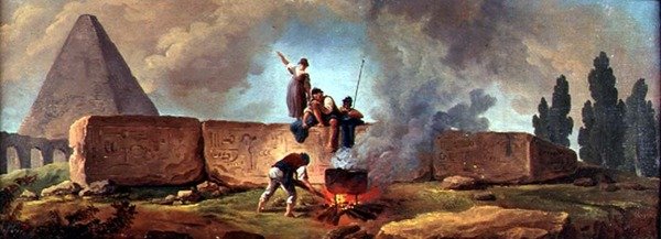 Sigøjnere koger en kedel blandt egyptiske ruiner (olie på lærred) af Hubert Robert