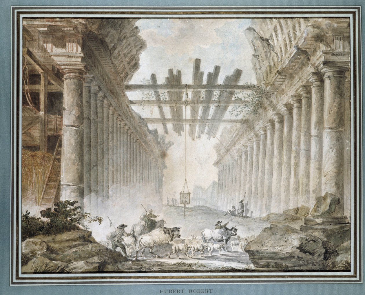 Flok i ruinerne af et tegnetempel (olie på lærred) af Hubert Robert