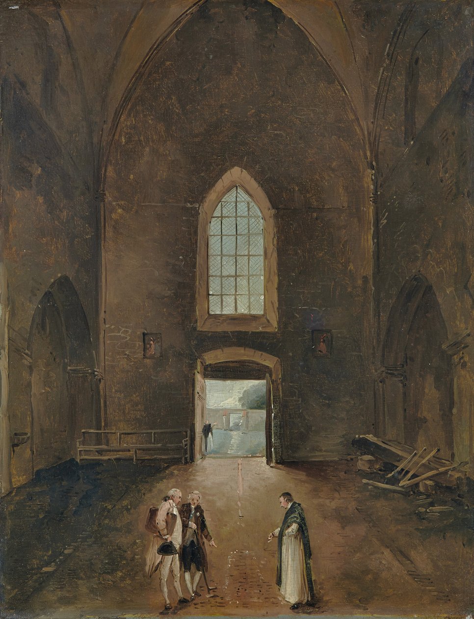 Hubert Robert and an amateur visit a grave in a churchdani af Hubert Robert