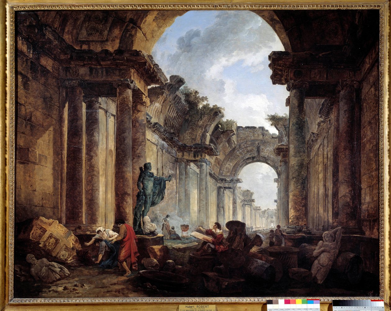 Imaginær udsigt over Grand Galerie du Louvre i ruiner Maleri af Hubert Robert (1733-1808) Søn. 1,14x1,46 m. af Hubert Robert