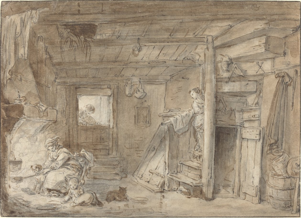 Interiør af et Bondehus med Figurer af Hubert Robert