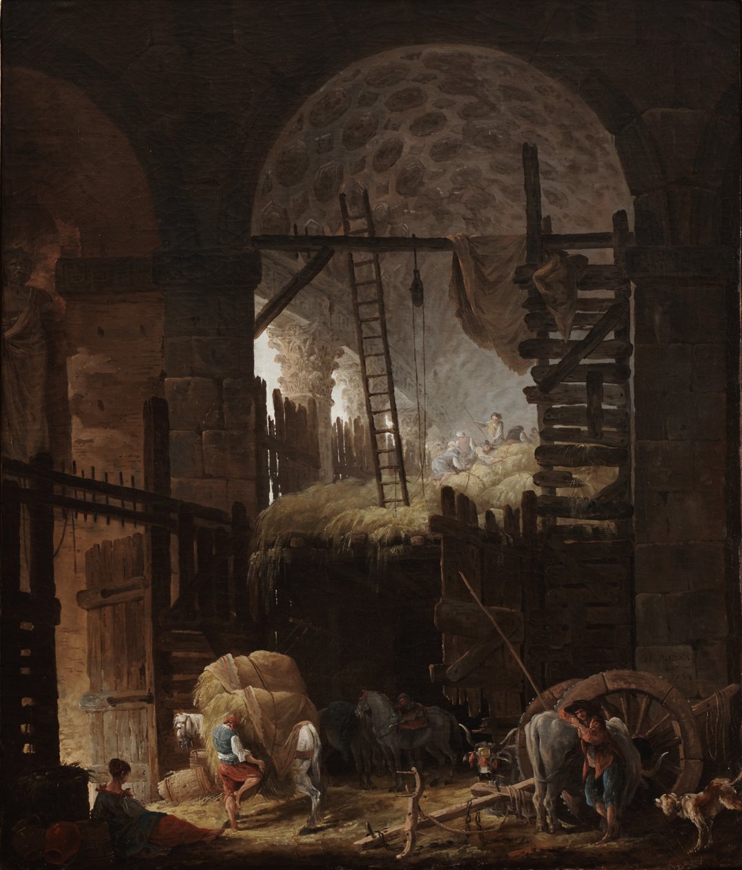 Interiør af Villa Giulia med høslætfolk af Hubert Robert