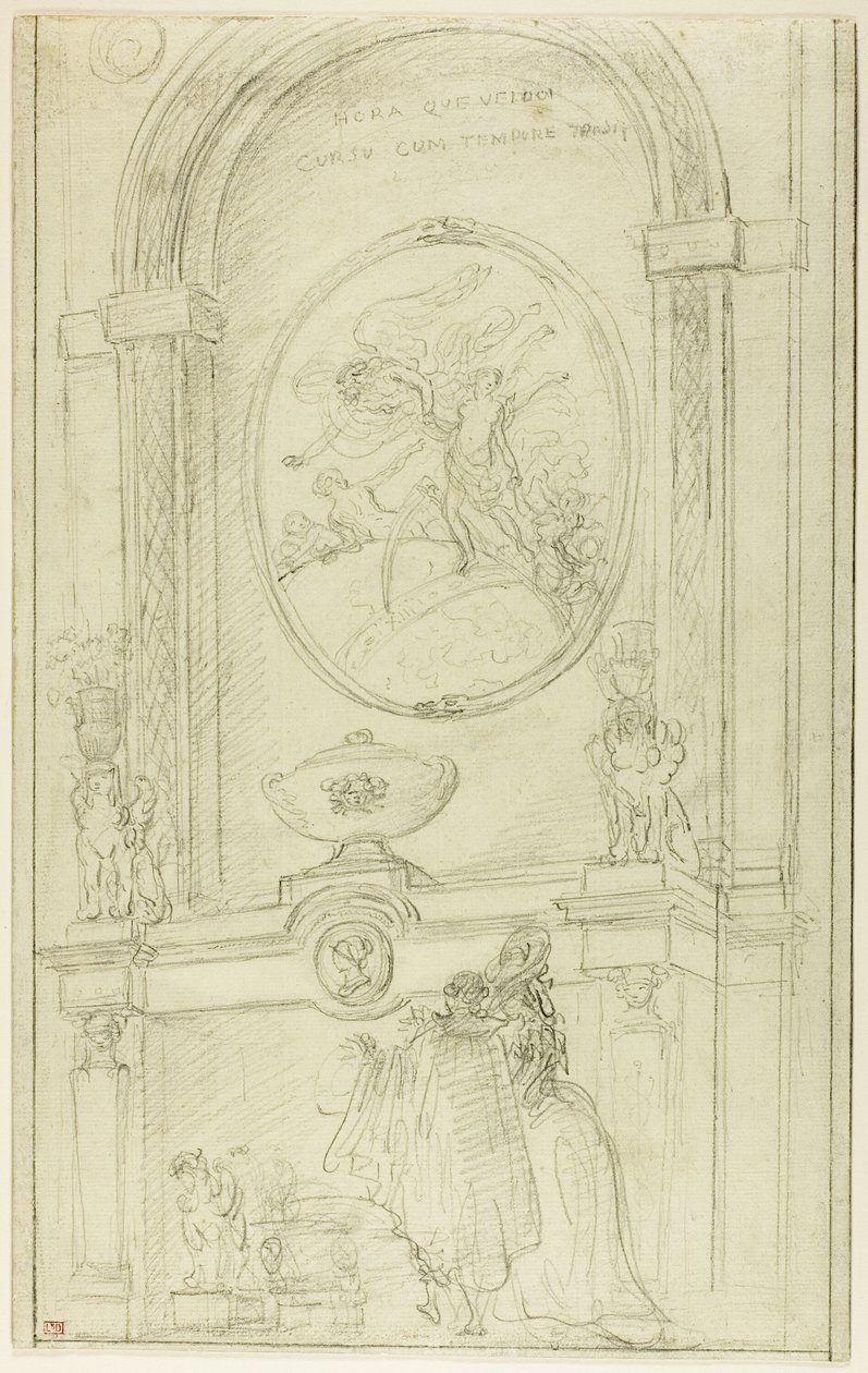 Interiør med et par foran et skorstensstykke af Hubert Robert