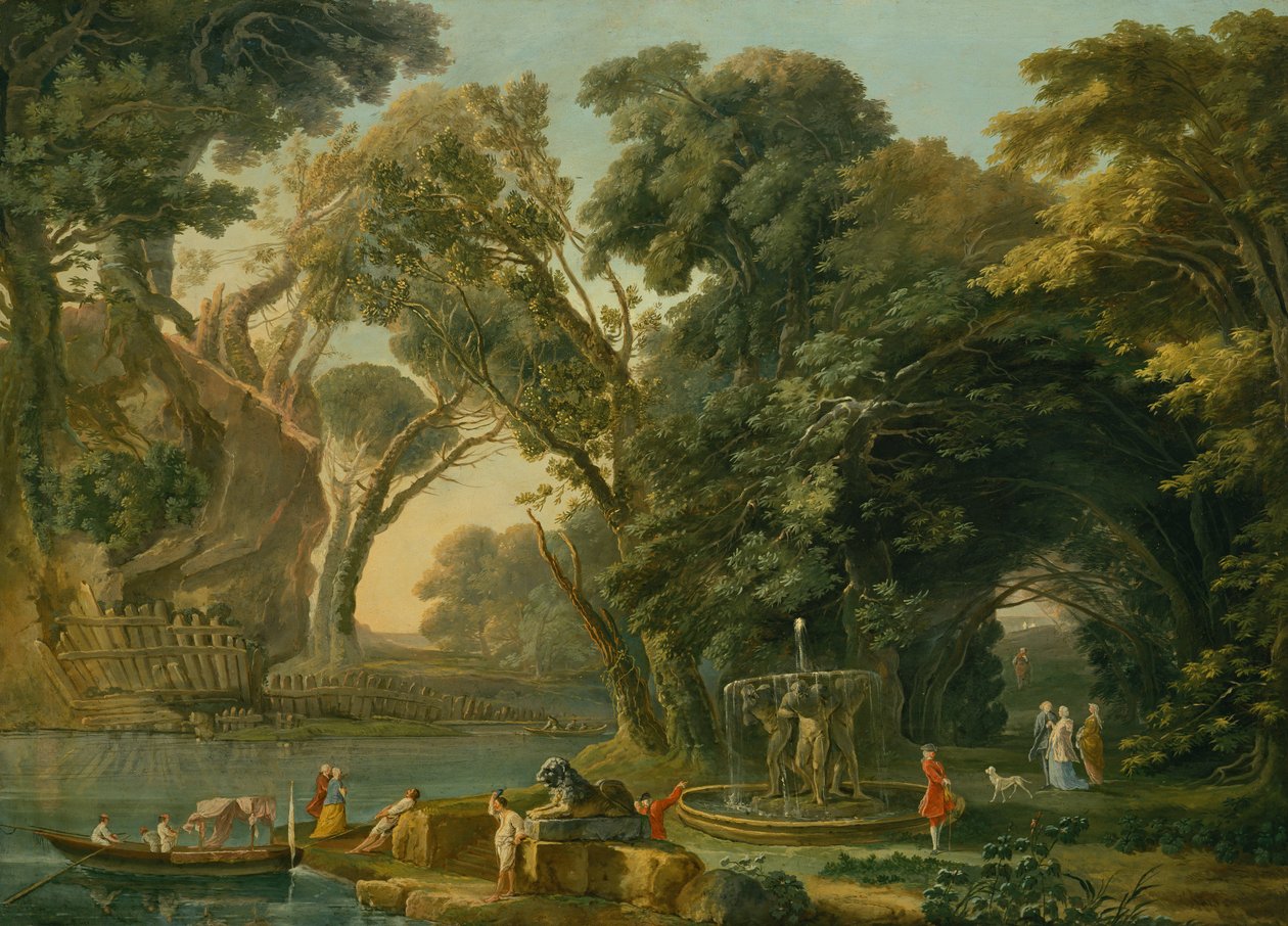 Italiensk Caprice med landing (olie på lærred) af Hubert Robert