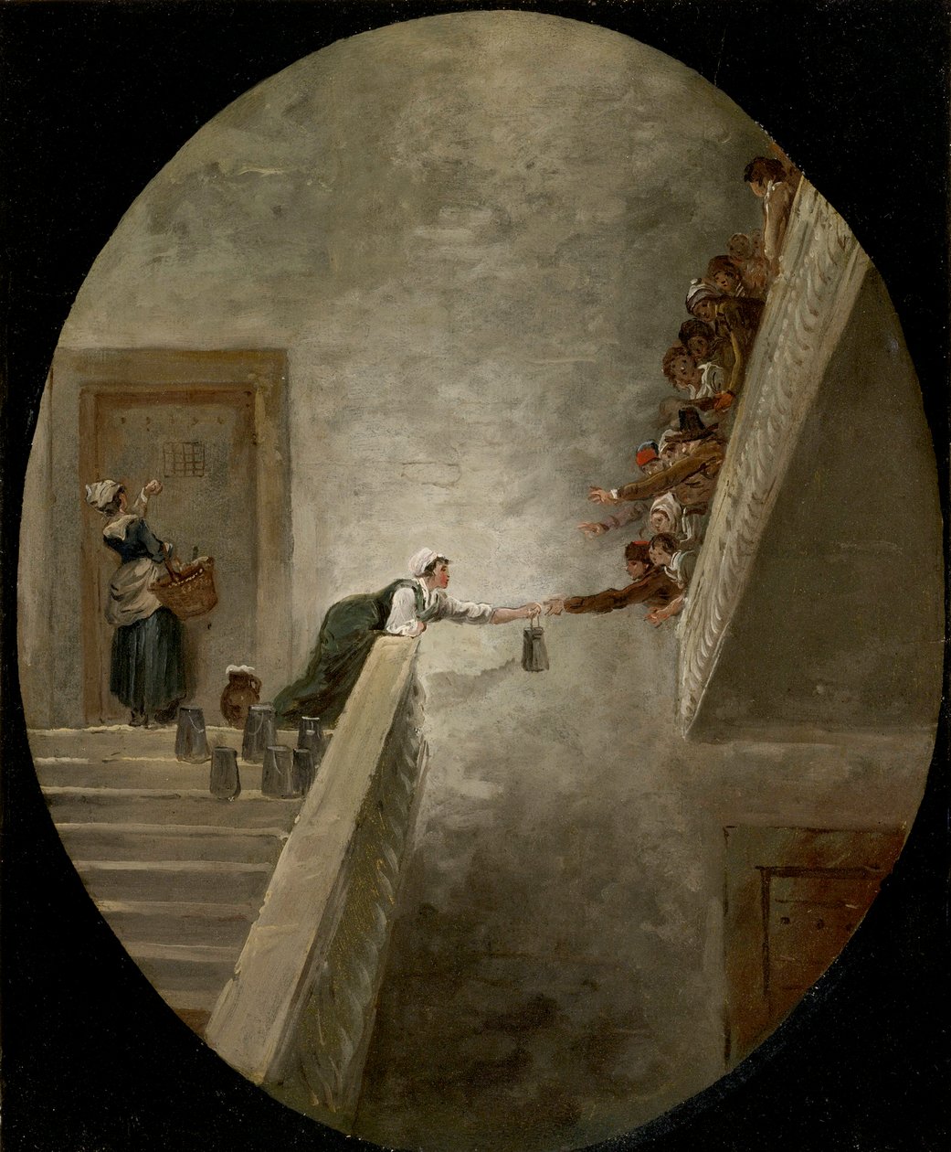 La distribution du lait a la fængsel Saint Lazare - Uddelingen af ​​mælk i Saint-Lazare fængsel af Robert, Hubert (1733-1808), ca 1794 - Olie på papir, 36,8x30,2 - Privat samling af Hubert Robert