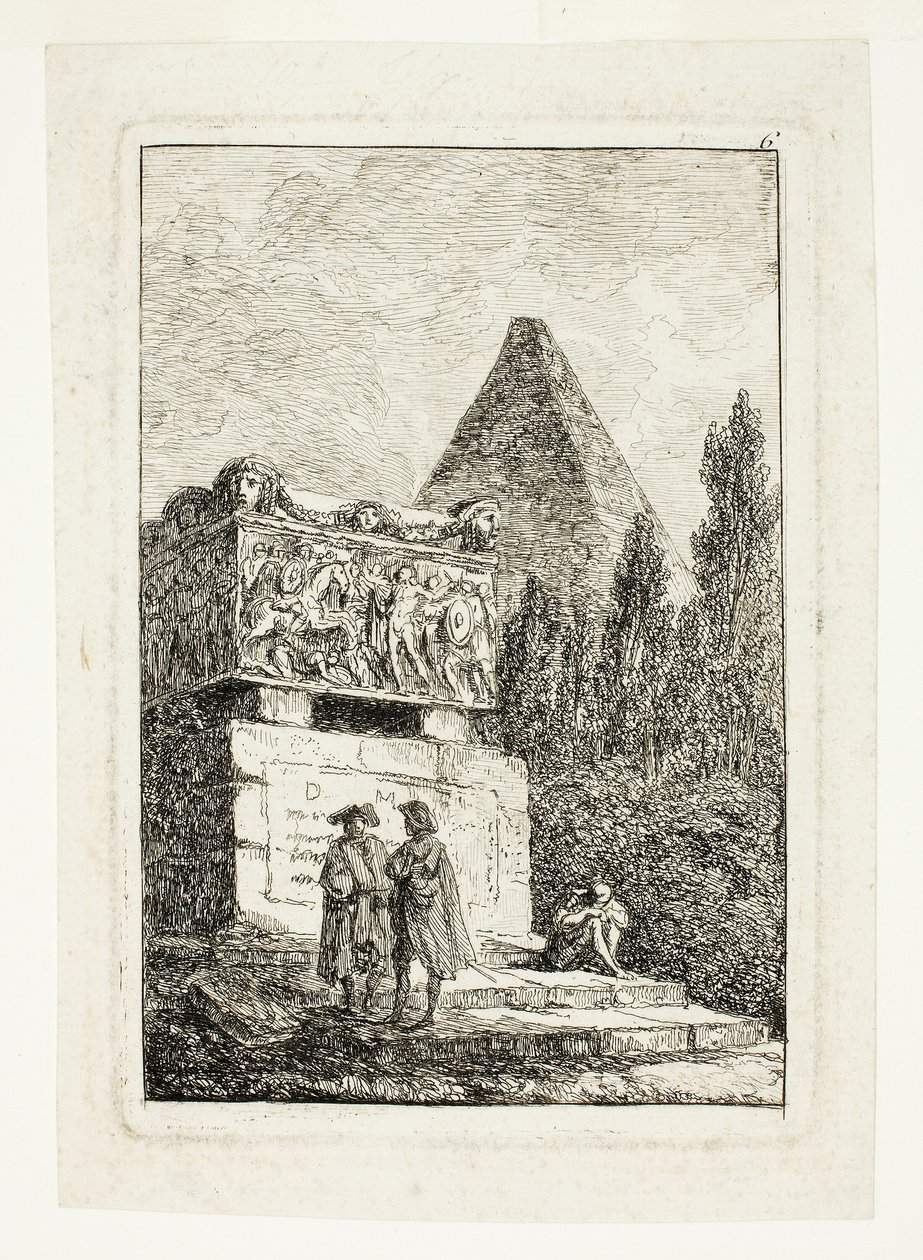 Landskab med pyramide og sarkofag, plade seks fra Les Soirées de Rome af Hubert Robert