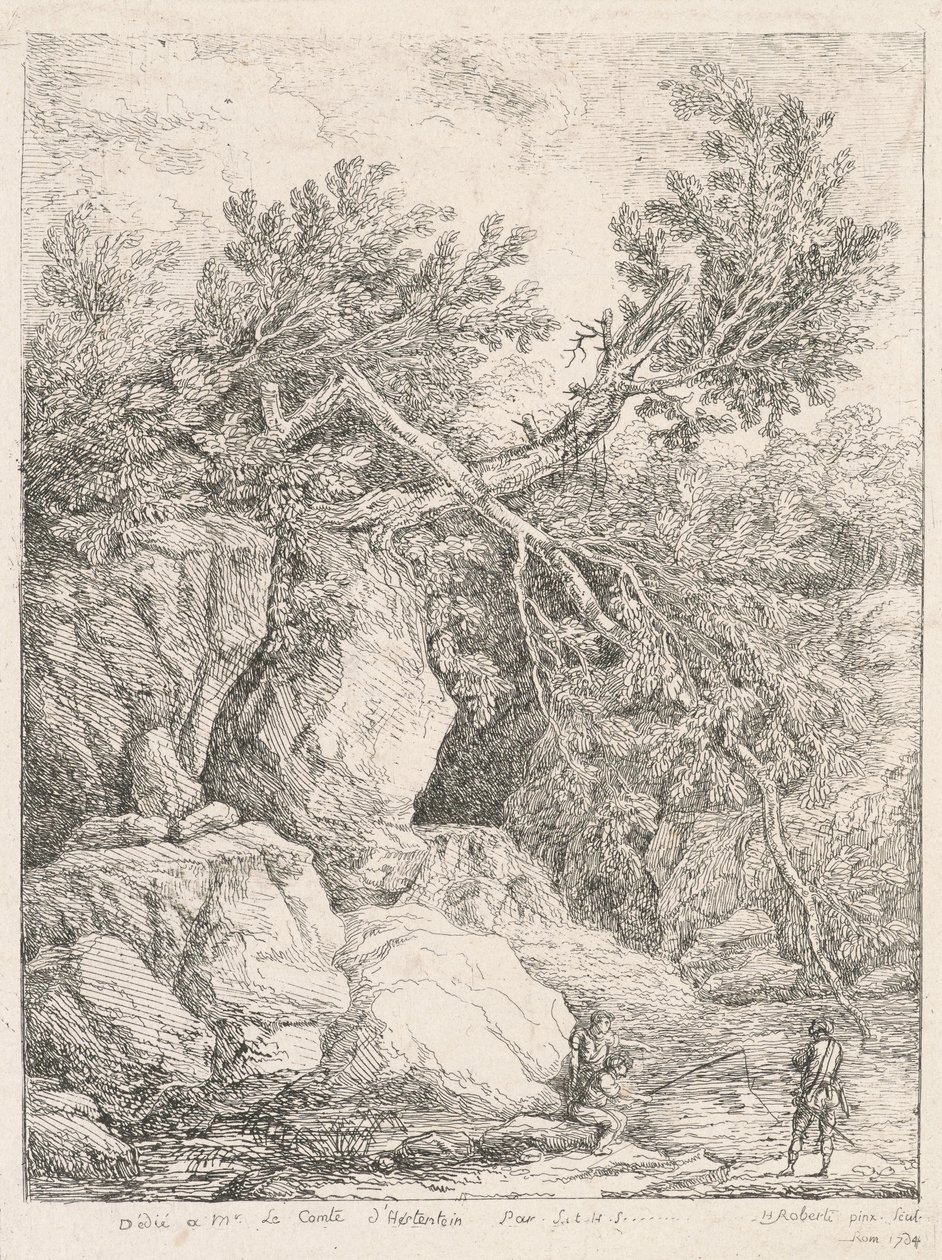 Landskab med et væltet træ af Hubert Robert