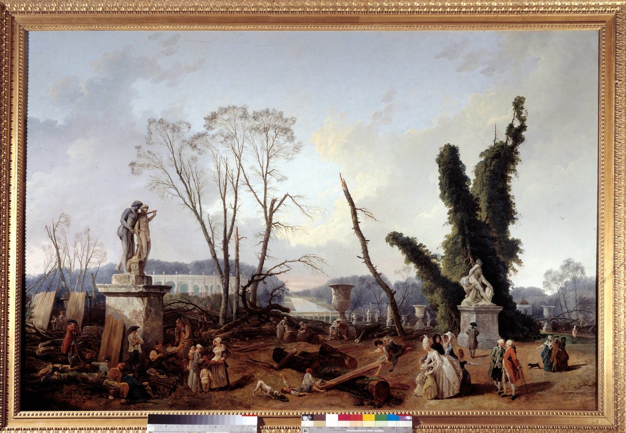 Le Carpet Vert på tidspunktet for fældningen af træer i vinteren 1774-1775 i Versailles haver (i forgrunden kong Louis XVI og dronning Marie-Antoinette). Det grønne tæppe kaldes også den kongelige allee. Maleri af Hubert Robert (1733-1808 af Hubert Robert