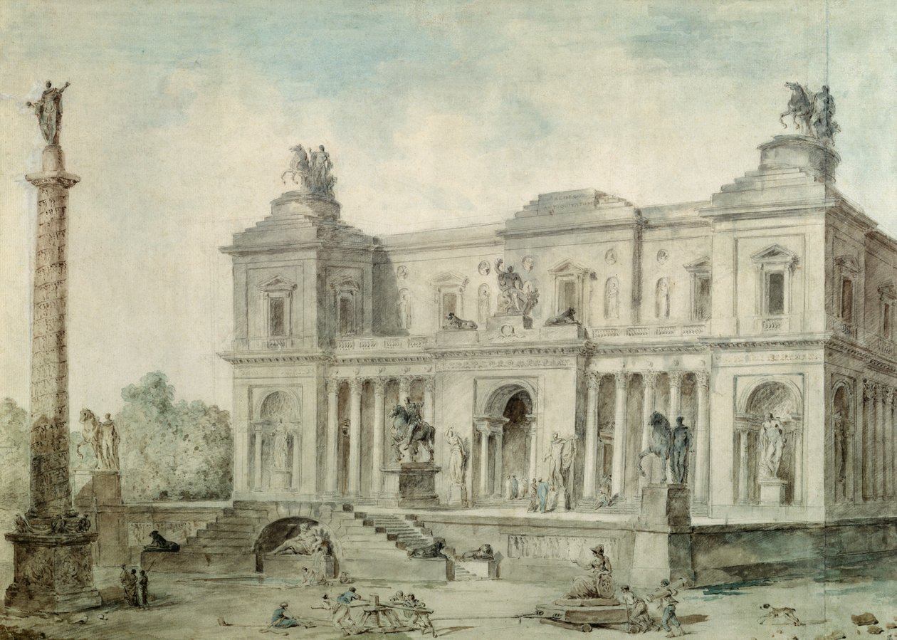 Le Musée des Antiques, ca. 1800 (kridt, pen og blæk og wc på papir) af Hubert Robert
