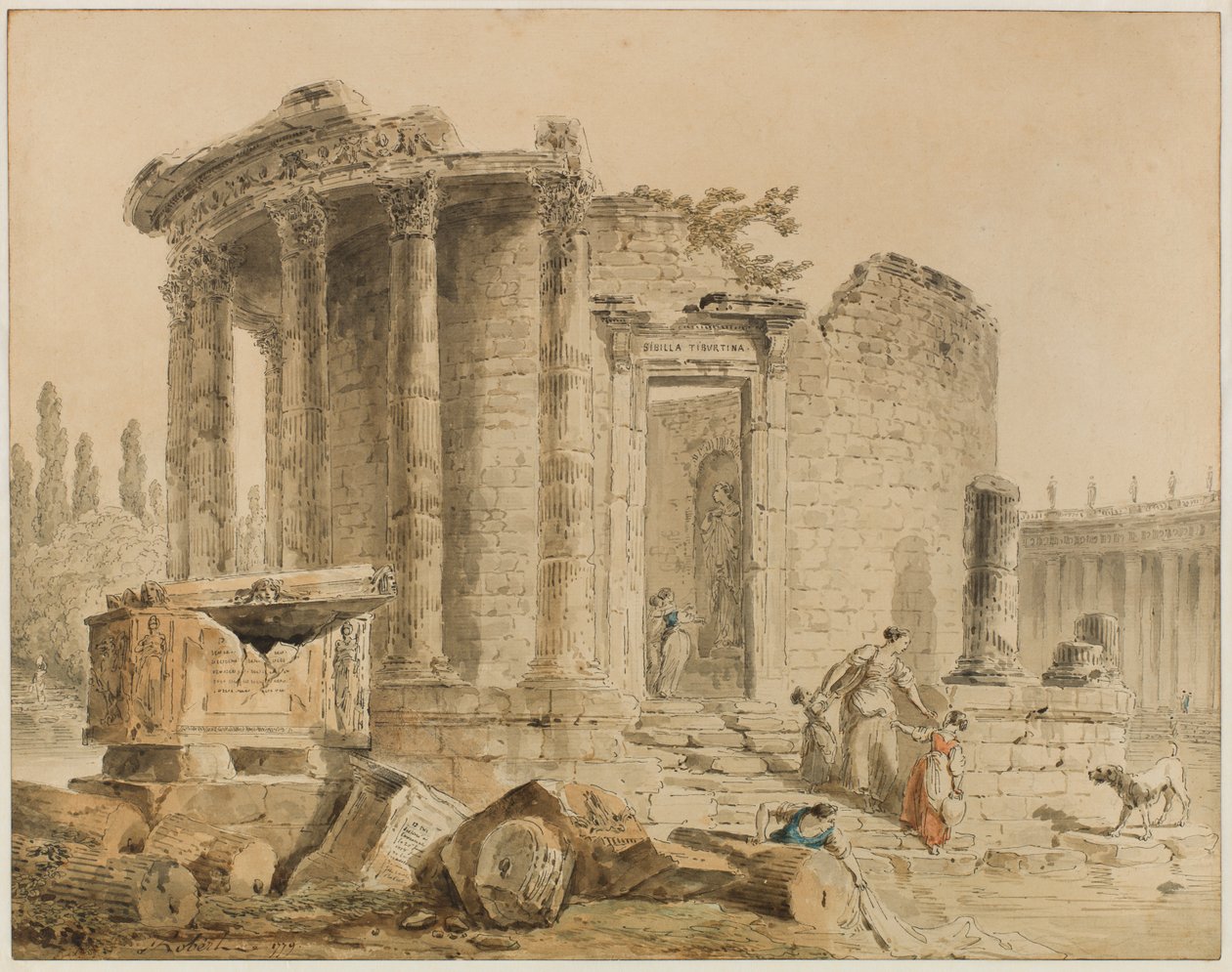 Der Tempel der Tiburtinischen Sibylle: Erinnerung an den Tempel der Sibylle in Tivoli af Hubert Robert