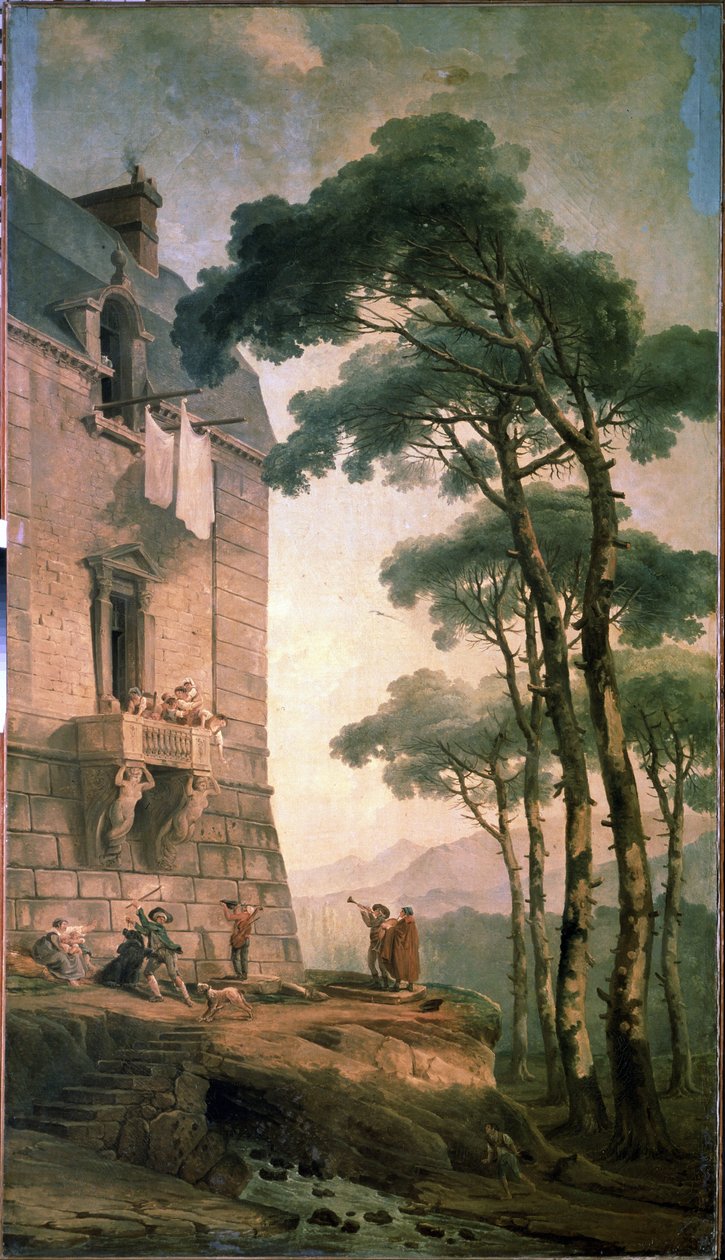 Musikerne. En gruppe kunstnere bestående af musikere og en bjørnetræner søger under balkonen i et middelklassehus. Maleri af Hubert Robert (1733-1808), olie på lærred, fransk kunst. Statens Friluftsmuseum Peterhof, Sankt Petersborg af Hubert Robert