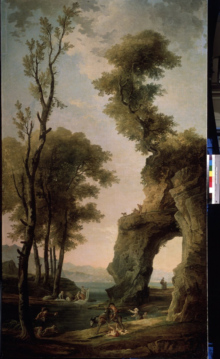 Landskabet. Vaskekvinder vasker tøj i floden. En kvinde falder fra et æsel. Maleri af Hubert Robert (1733-1808), olie på lærred, fransk kunst. Statens Friluftsmuseum Peterhof, Sankt Petersborg. af Hubert Robert