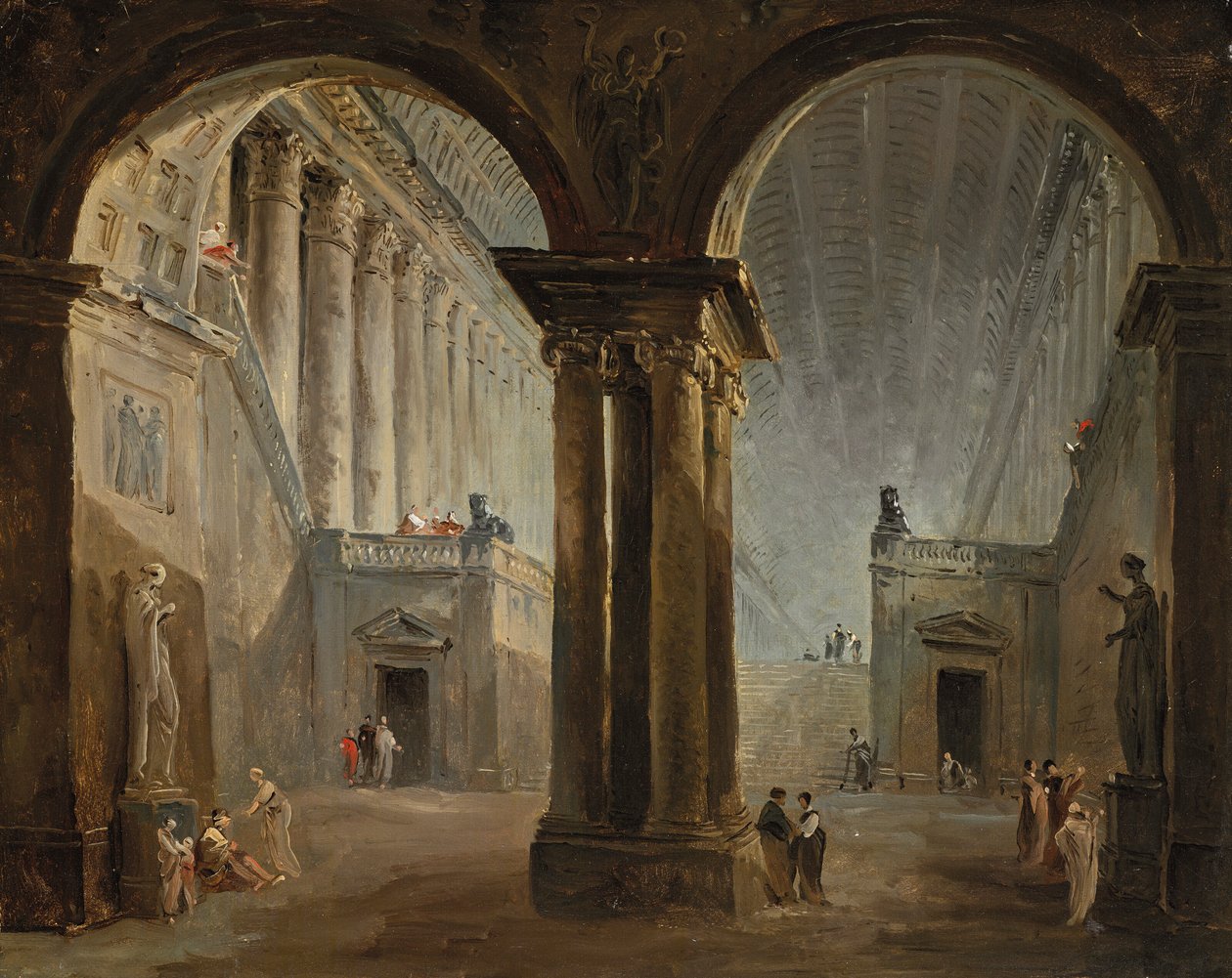 Mennesker i et antikvitetsgalleri af Hubert Robert
