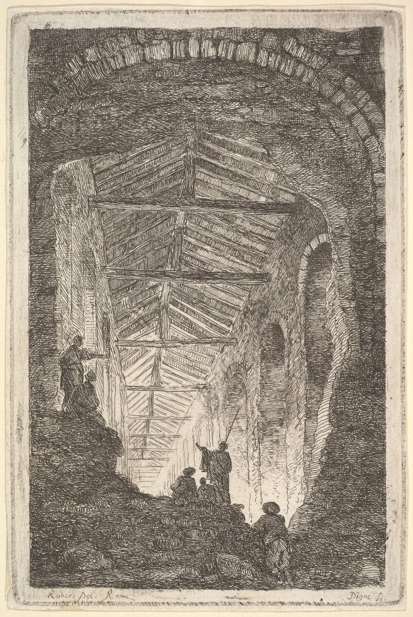 Plade 10: The Ancient Gallery: et stort overdækket galleri, der kommer lys ind fra bag... ca. 1763-64. af Hubert Robert