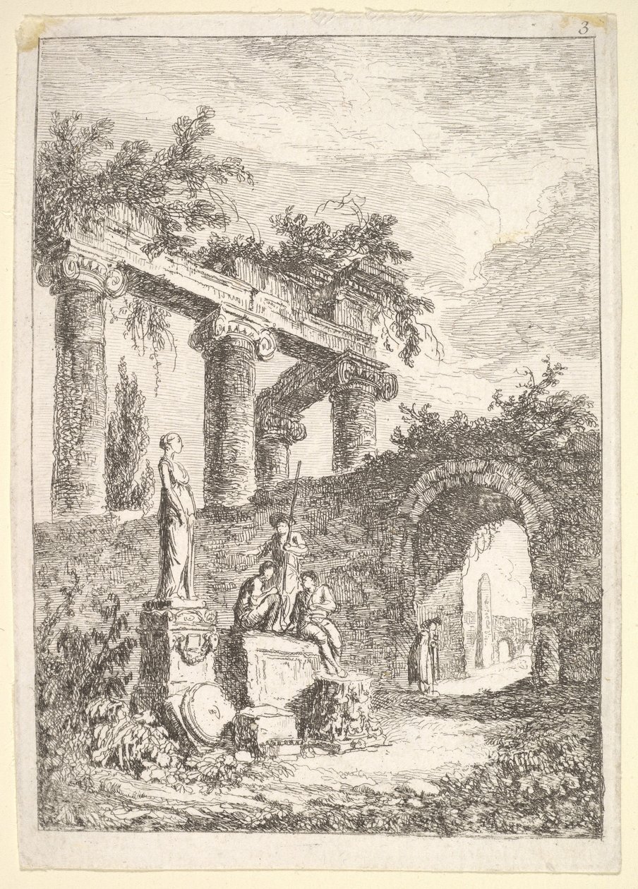 Plade 3: Statuen før ruinerne: en statue til venstre ved siden af tre figurer på en p..., ca. 1763-64. af Hubert Robert