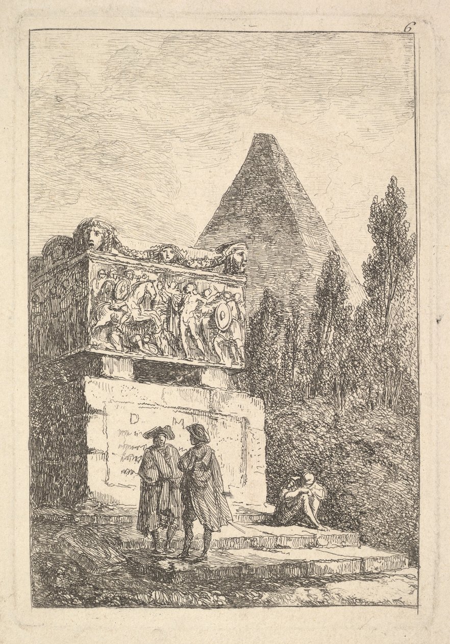 Plade 6: Sarkofagen: to mænd i samtale til venstre, en anden mand siddende og sovende..., ca. 1763-64. af Hubert Robert