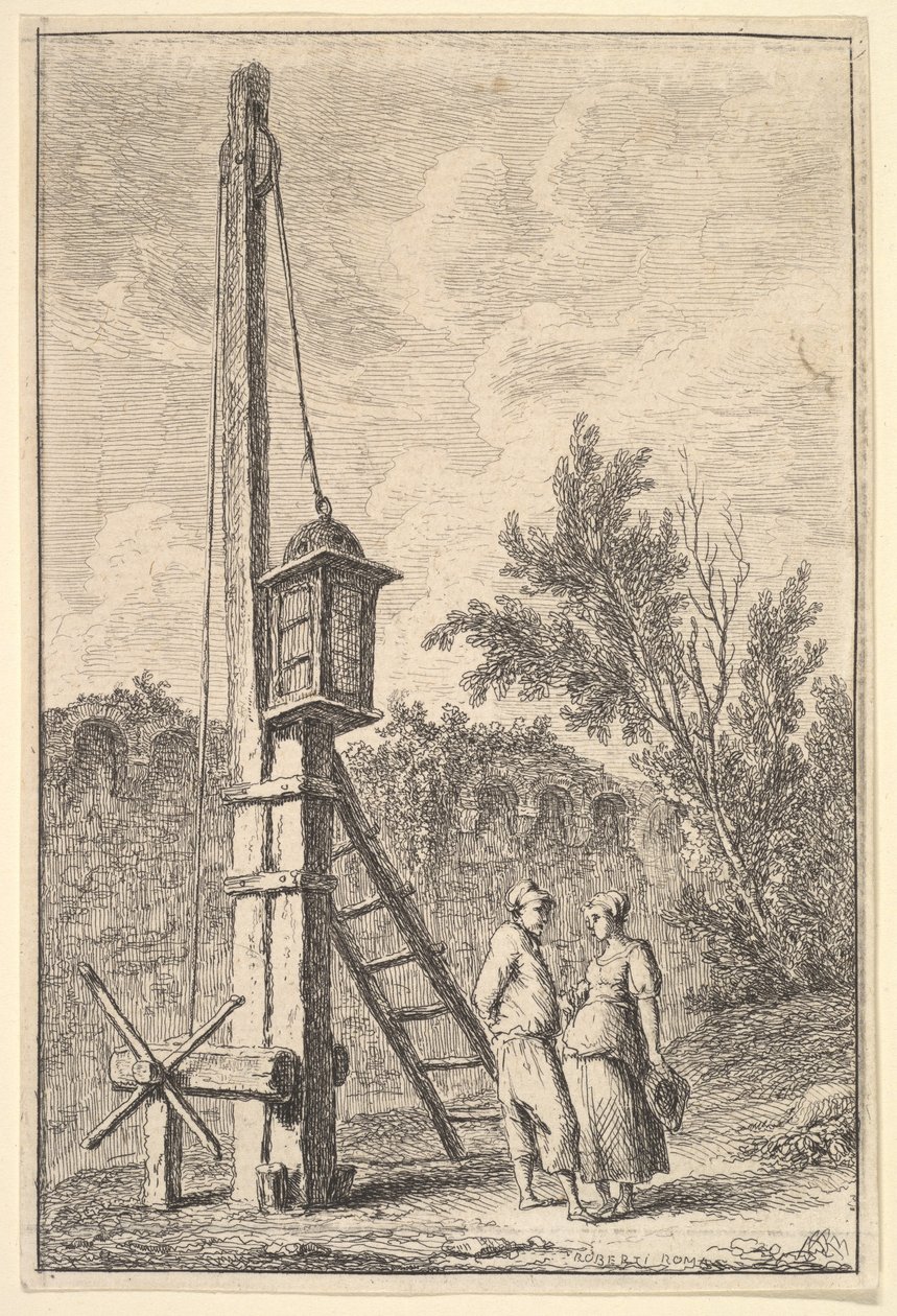 Plade 9: Remskiven: en mand og en kvinde taler til højre, en lanterne hang på en pos..., ca. 1763-64. af Hubert Robert