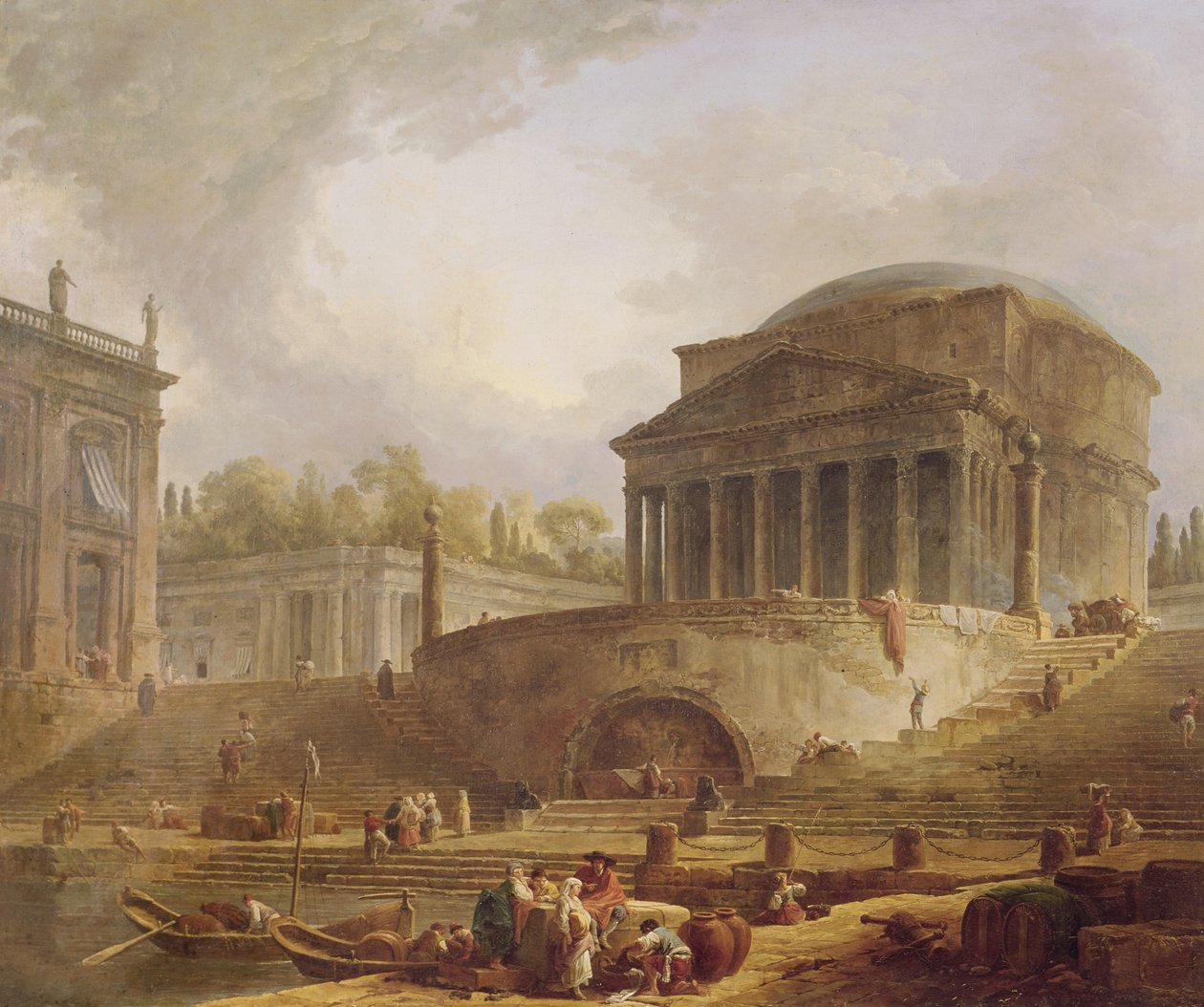 Porto di Ripetta i Rom, med Pantheon, arkitektonisk tableau, 1766 af Hubert Robert