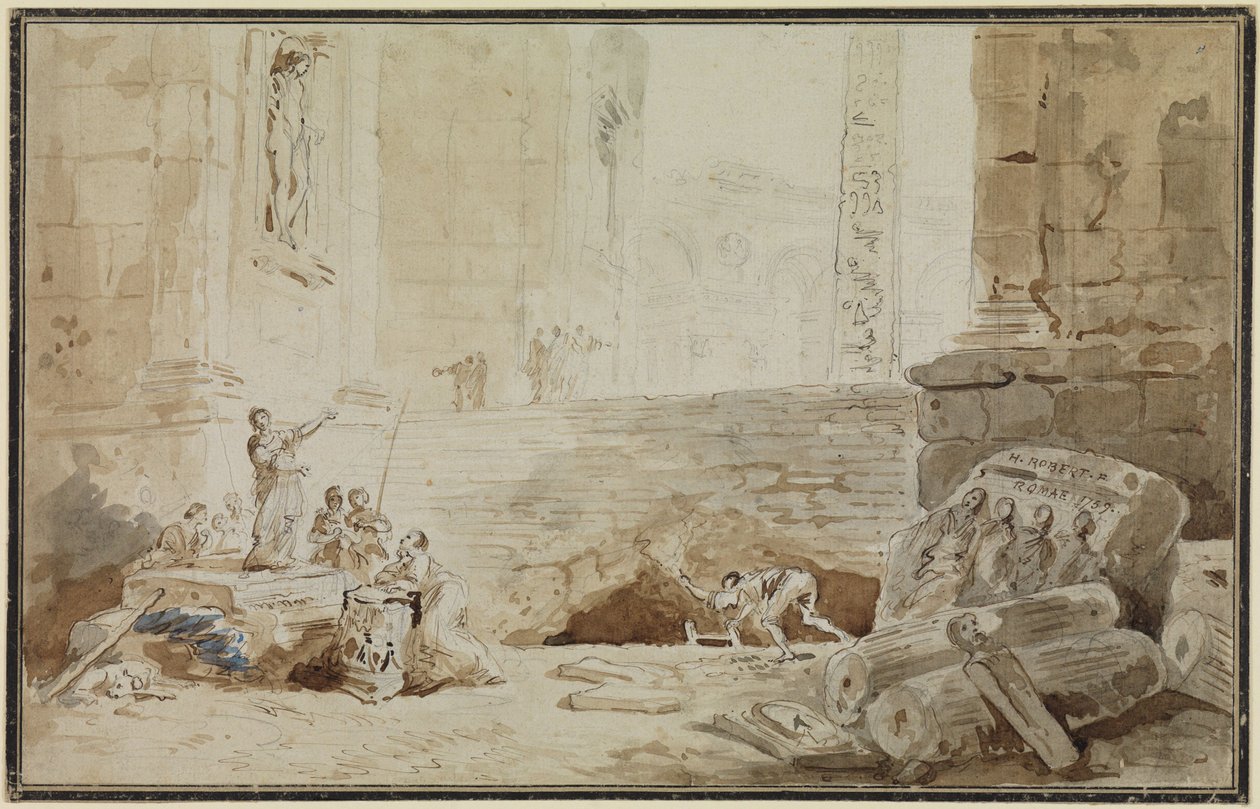 Romersk capriccio med en gadesangerinde af Hubert Robert