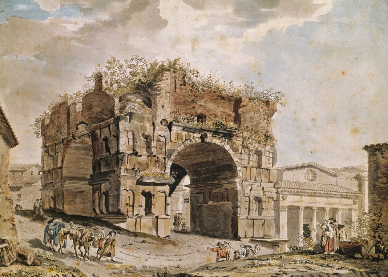 Romerske ruiner (pen & blæk og wc på papir) af Hubert Robert
