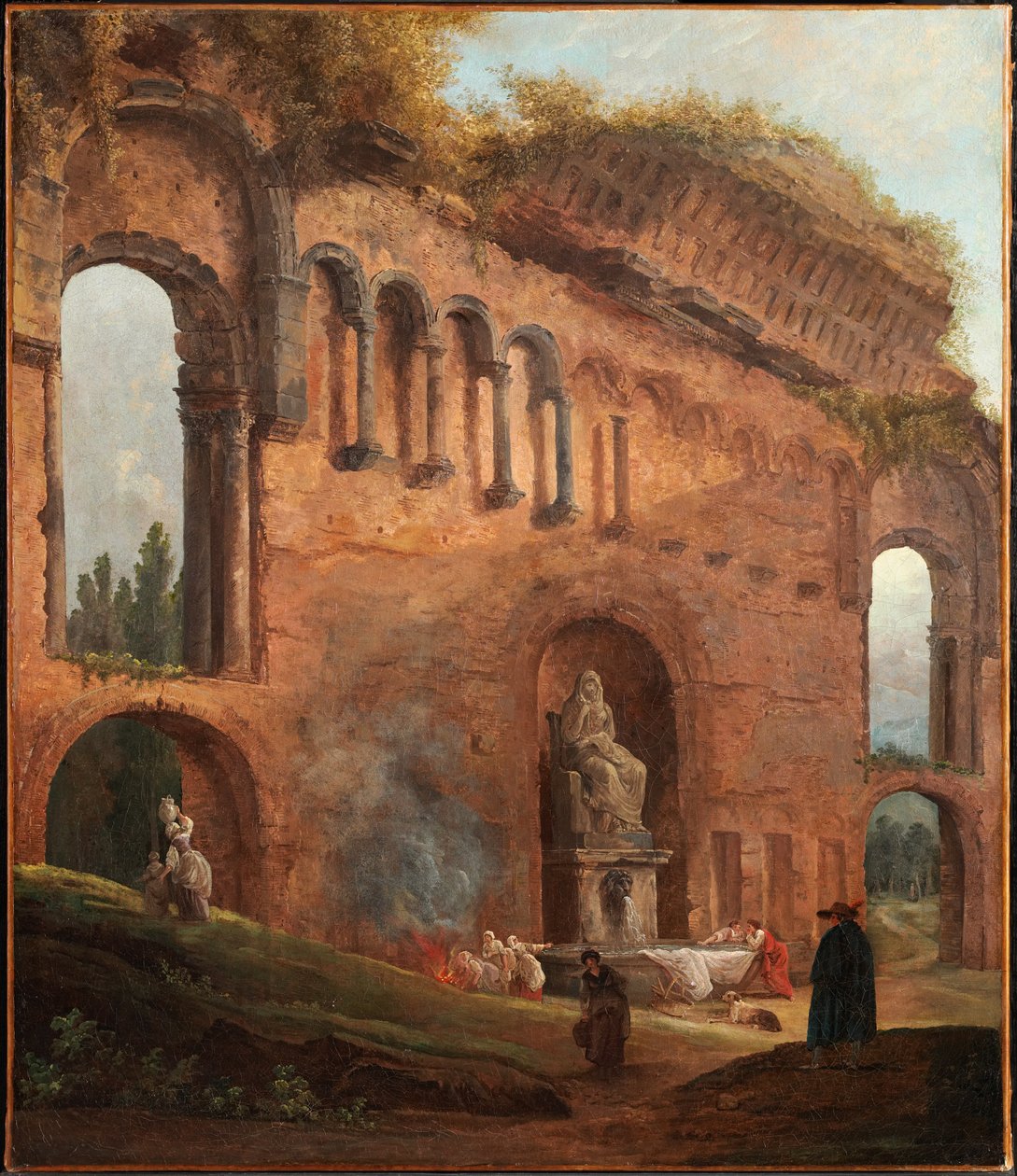 Romerske ruiner med vaskekvinder af Hubert Robert