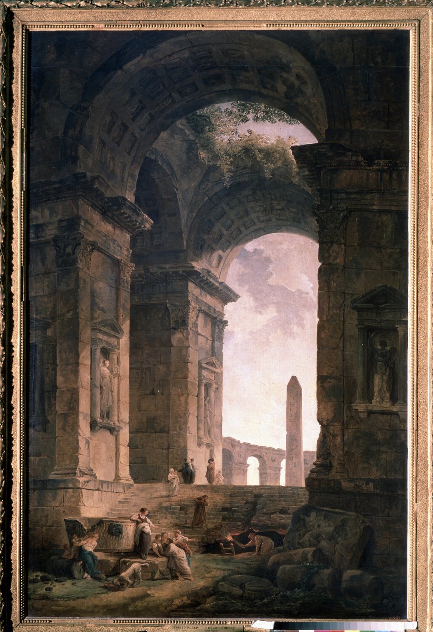Ruiner med en obelisk. Maleri af Hubert Robert (1733-1808), olie på lærred af Hubert Robert