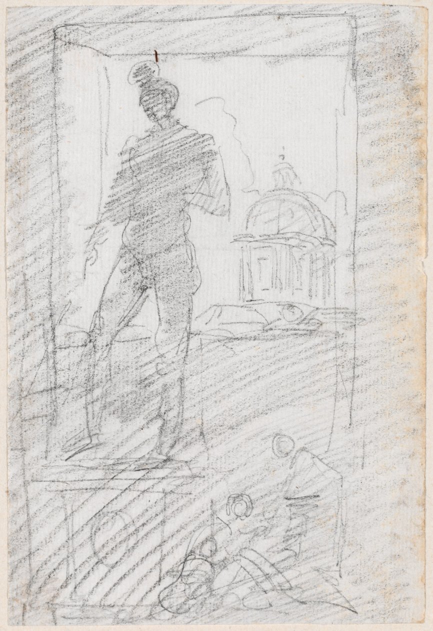 Statue af en nøgen foran et vindue af Hubert Robert
