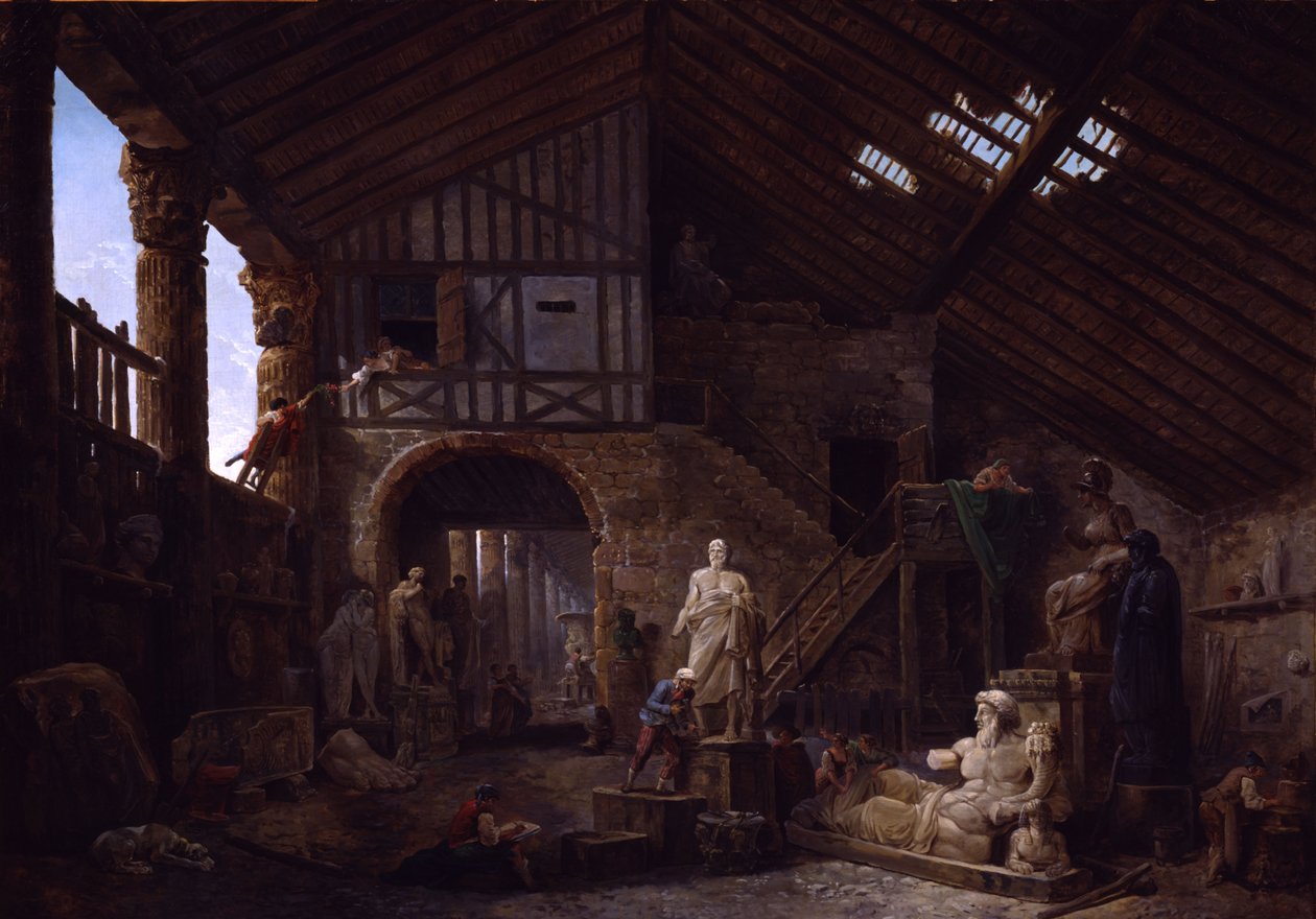 Et antikvitetsrestauratørs atelier i Rom af Hubert Robert