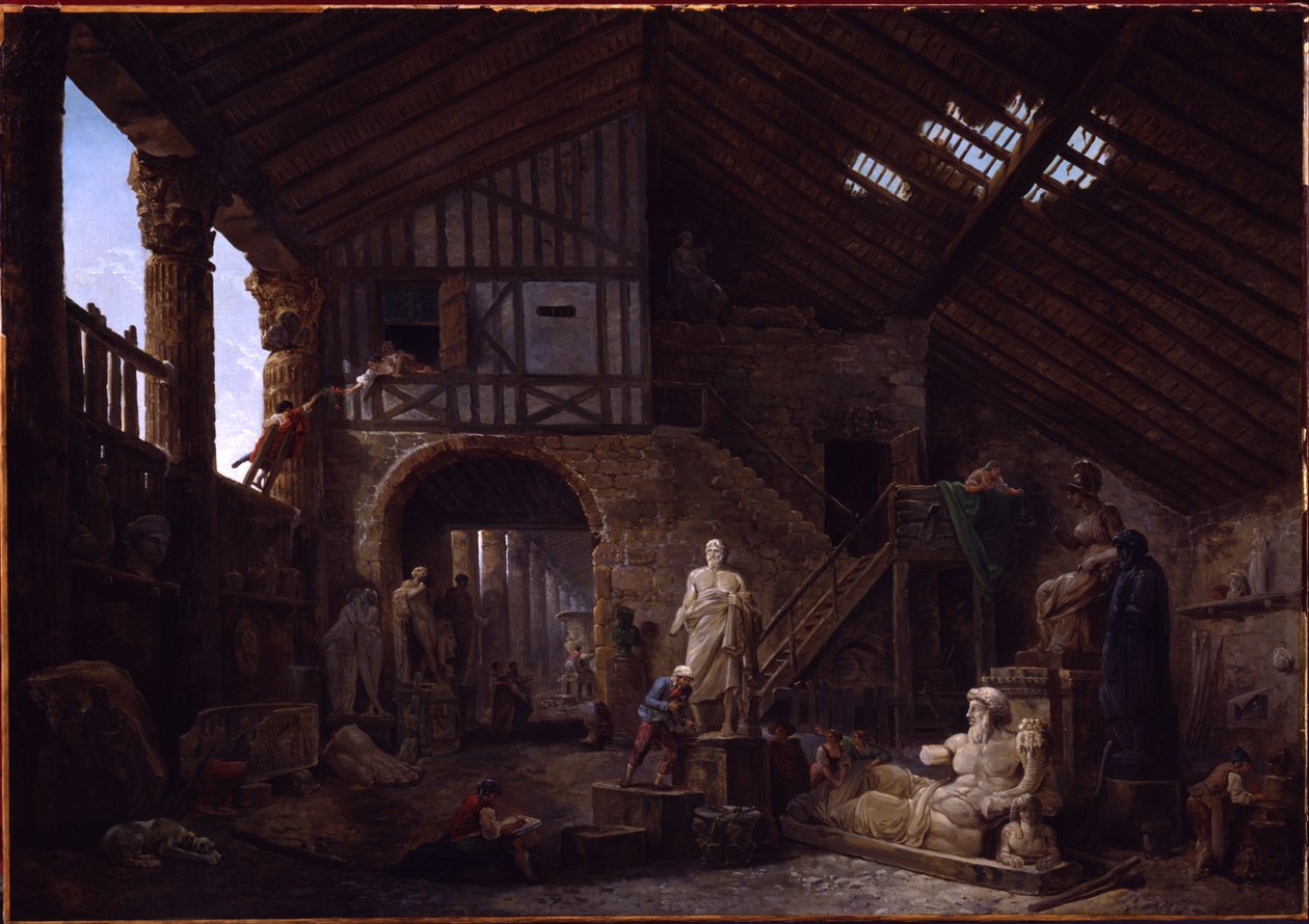 Et atelier tilhørende en restaurator af antikviteter i Rom af Hubert Robert