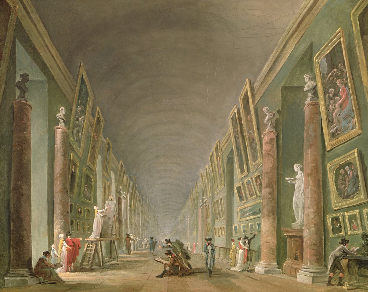 The Grand Gallery of Louvre mellem 1801 og 1805 (olie på lærred) af Hubert Robert