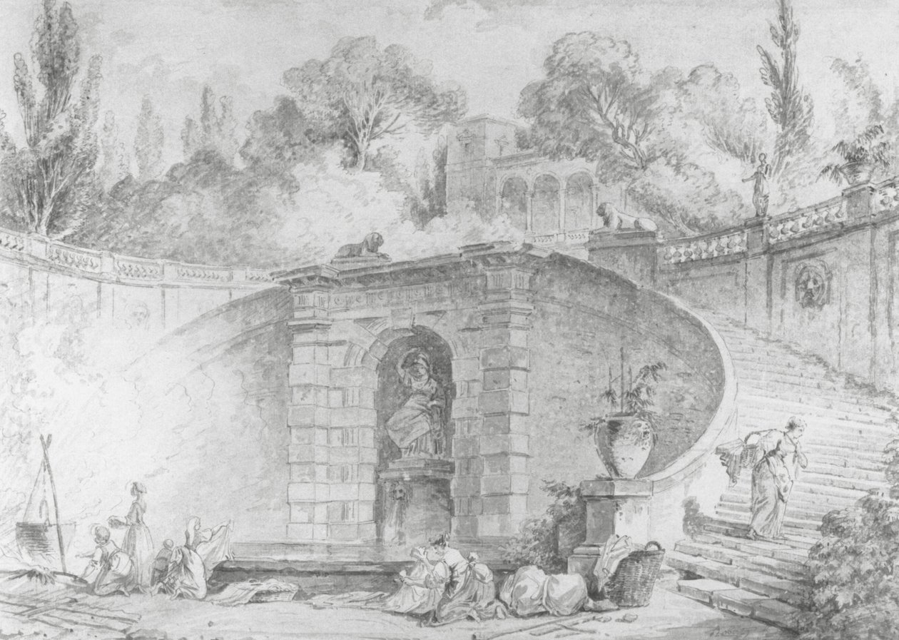 Den store trappe, 1761-1765 (pen og sort blæk, pensel og grå vask og akvarel over sort kridt undertegning på råhvidt lagt papir, vandmærke) af Hubert Robert