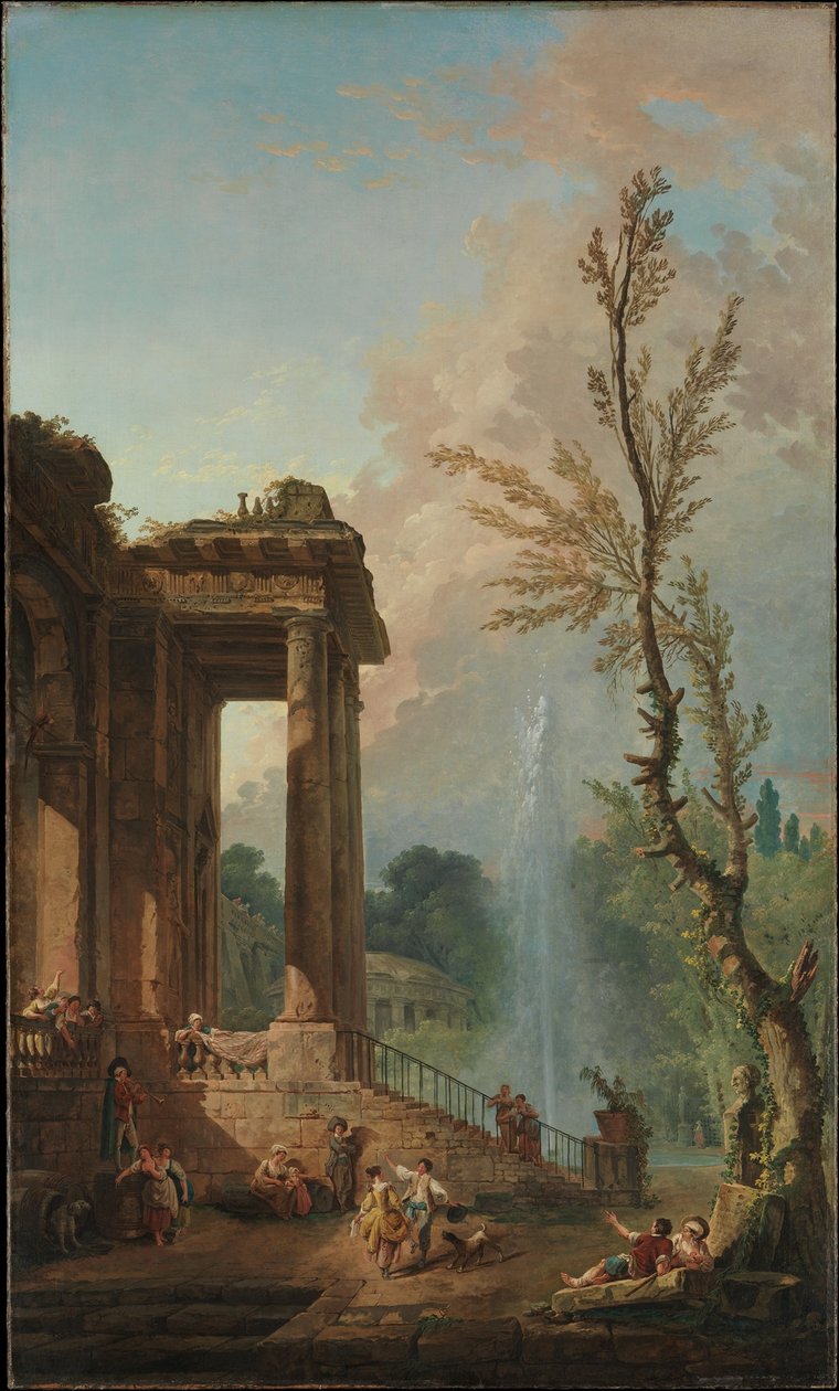 Søjlehallen ved en herregård på landet af Hubert Robert