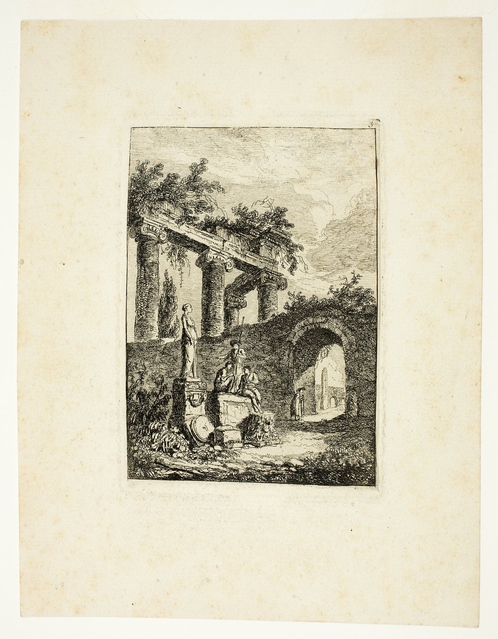 Statuen foran ruinerne, planche tre fra Les Soirées de Rome af Hubert Robert