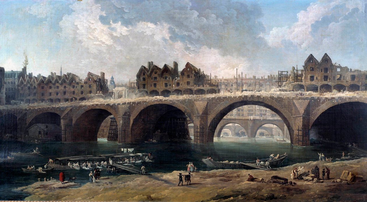 Nedrivningen af husene på broen Notre-Dame (Notre Dame) i Paris i 1786 Sur la Seine, en bådvask (bådvask). maleri af Hubert Robert (1733-1808) 1786 søn. 0,86x1,59 m Paris, Musee Carnavalet af Hubert Robert