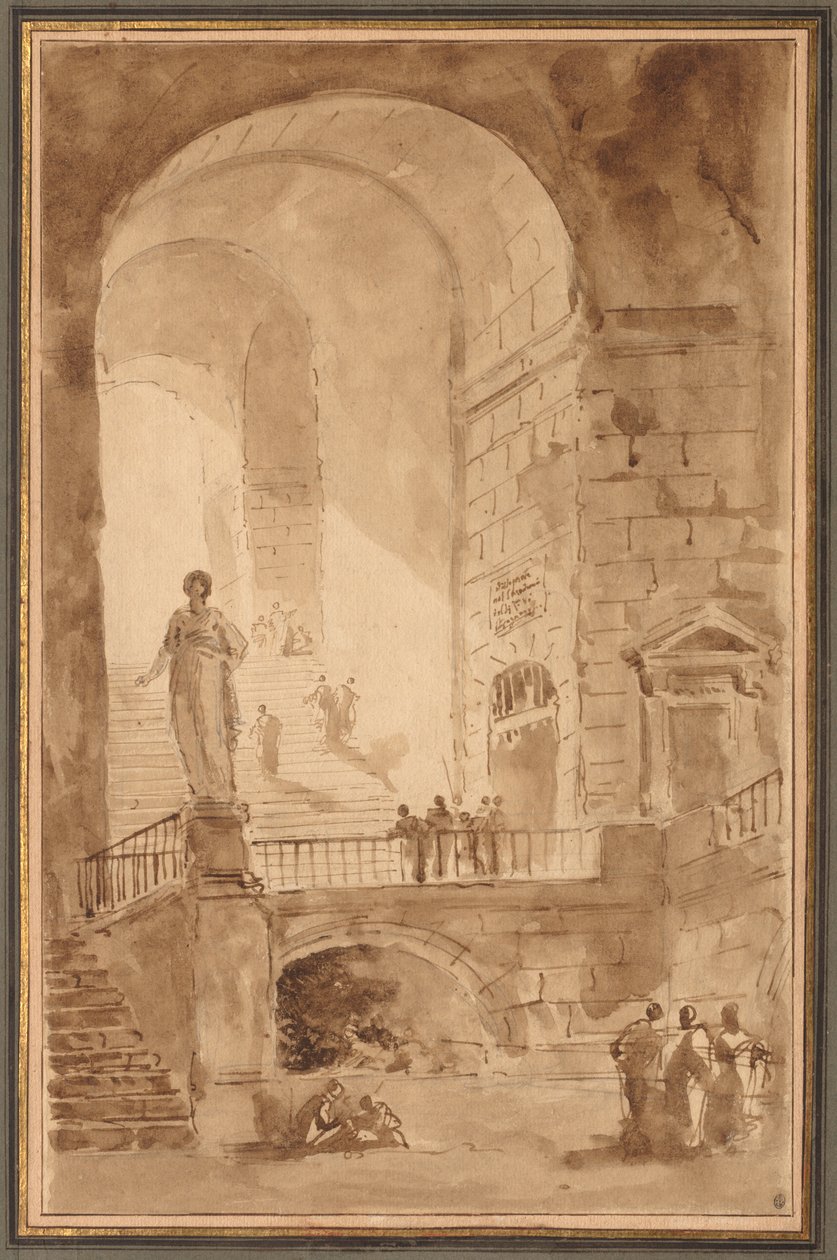 Hvælvet trappe, ca. 1770-1779. af Hubert Robert