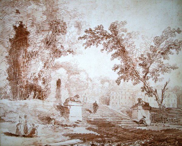 Udsigt over en have med terrasse (rødt kridt på papir) af Hubert Robert