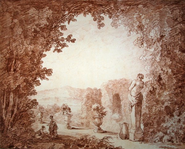 Udsigt over en have med statuer (rødt kridt på papir) af Hubert Robert