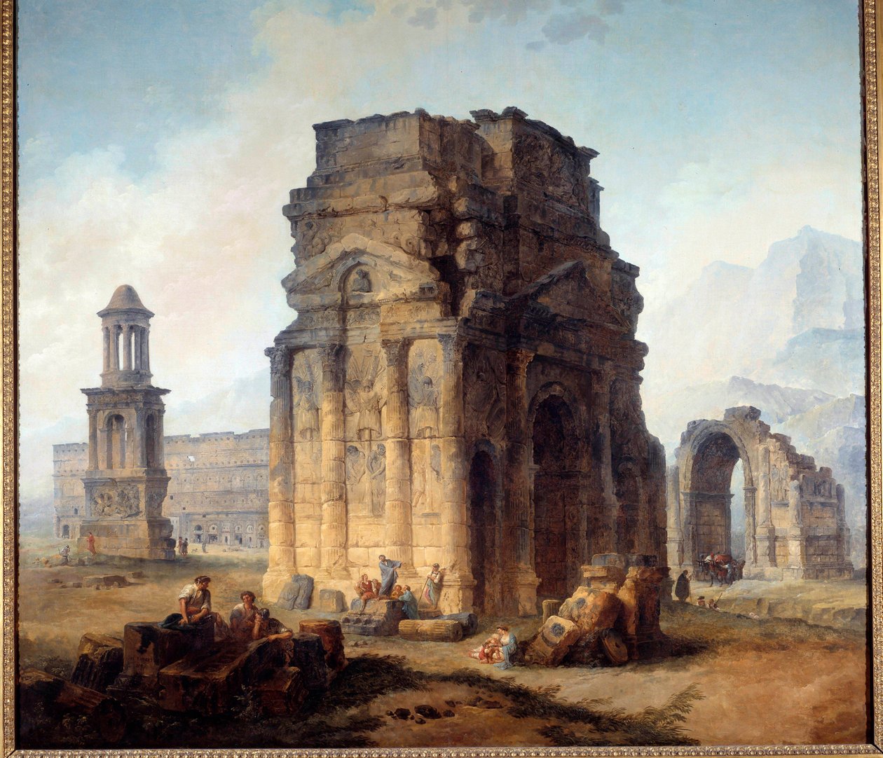 Udsigt over Triumfbuen og Teatret for Orangemaleri af Hubert Robert (1733-1808) 1700-tallets Søn. 2,42x2,42 m af Hubert Robert