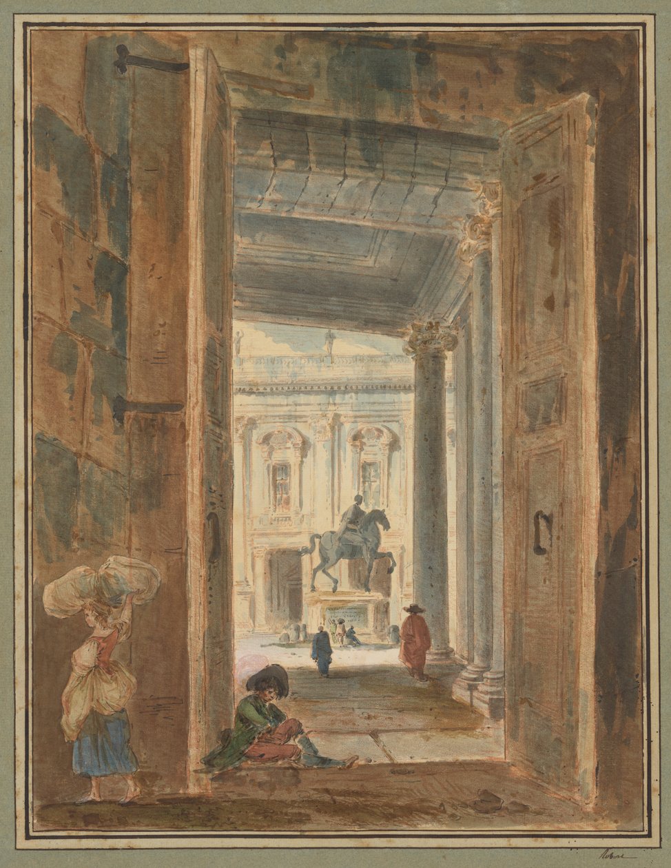 Udsigt over Campidoglio med statuen af Marcus Aurelius af Hubert Robert