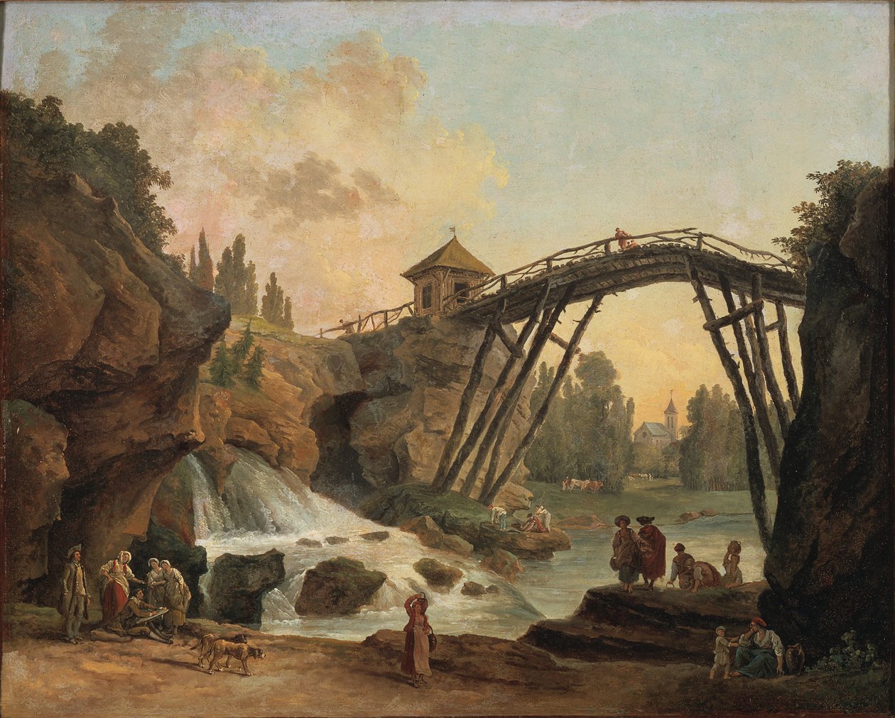 Udsigt over grotten og den rustikke bro i landskabshaven i Méréville af Hubert Robert