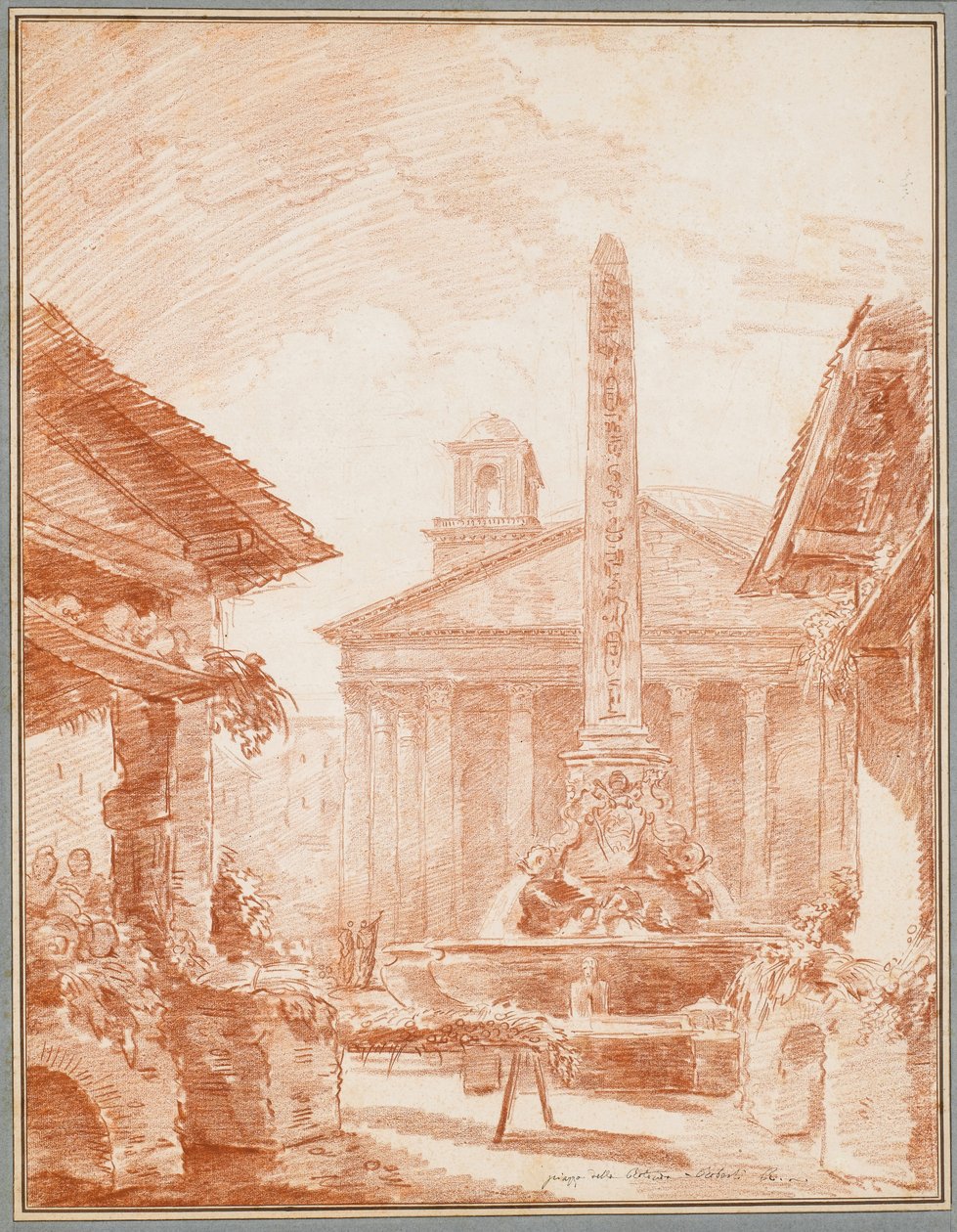 View of the Piazza della Rotonda in Rome with the Tritons fountain and the Pantheon facadedani af Hubert Robert