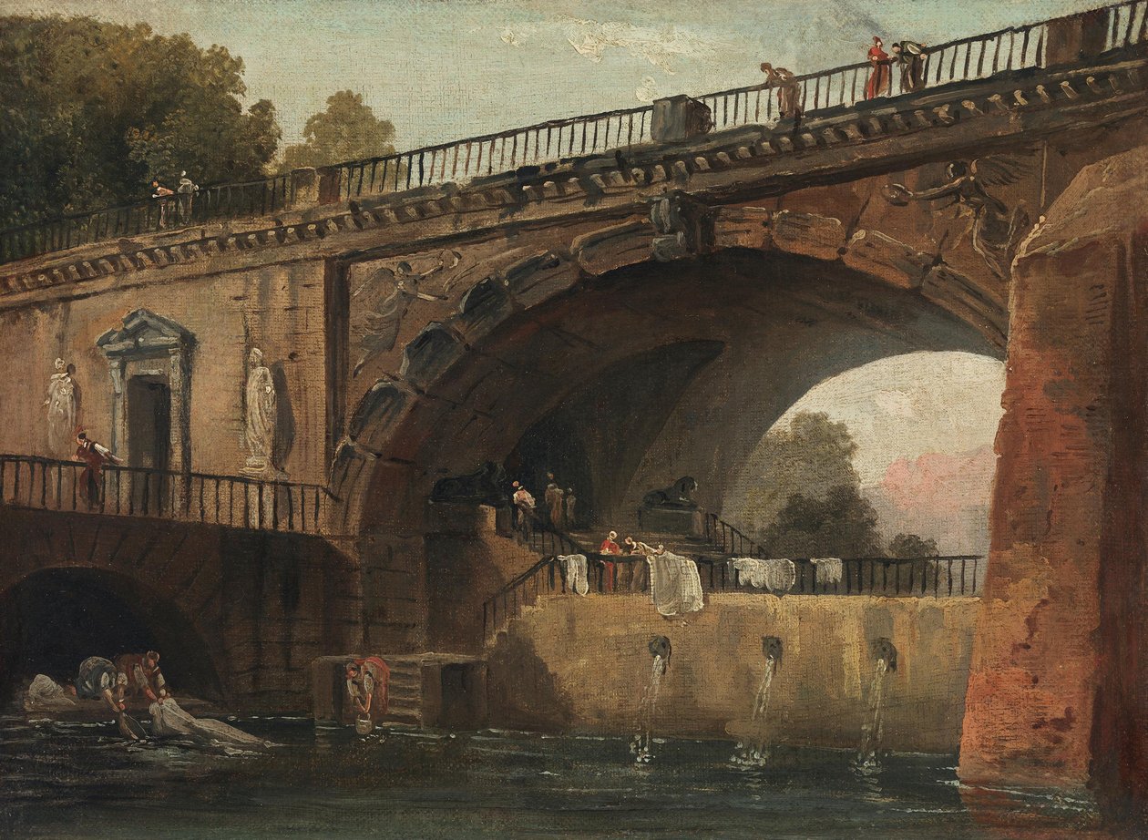 Vaskekoner under en brobue af Hubert Robert