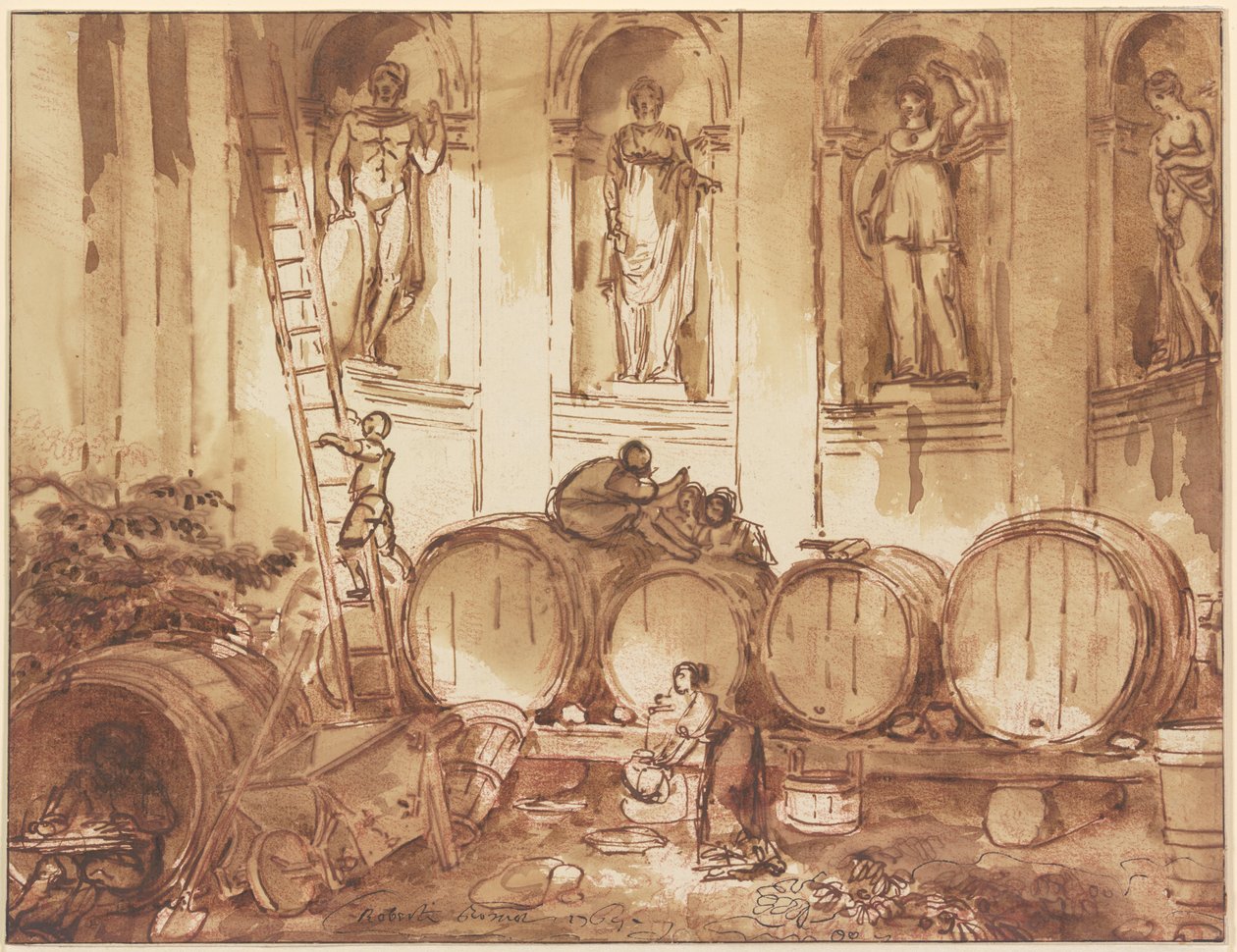 Vinkælder i en nichehal med fire statuer af antikke guder af Hubert Robert