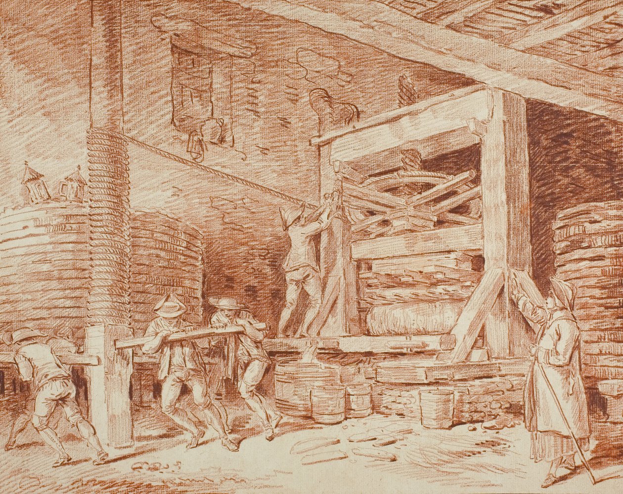 Vinpresse, ca. 1759 (rødt kridt på gulfarvet papir, lagt ned på cremefarvet karton) af Hubert Robert