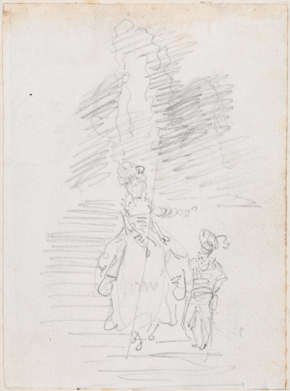 Kvinde og mindre mandlig figur på Grand Stairway [recto] af Hubert Robert