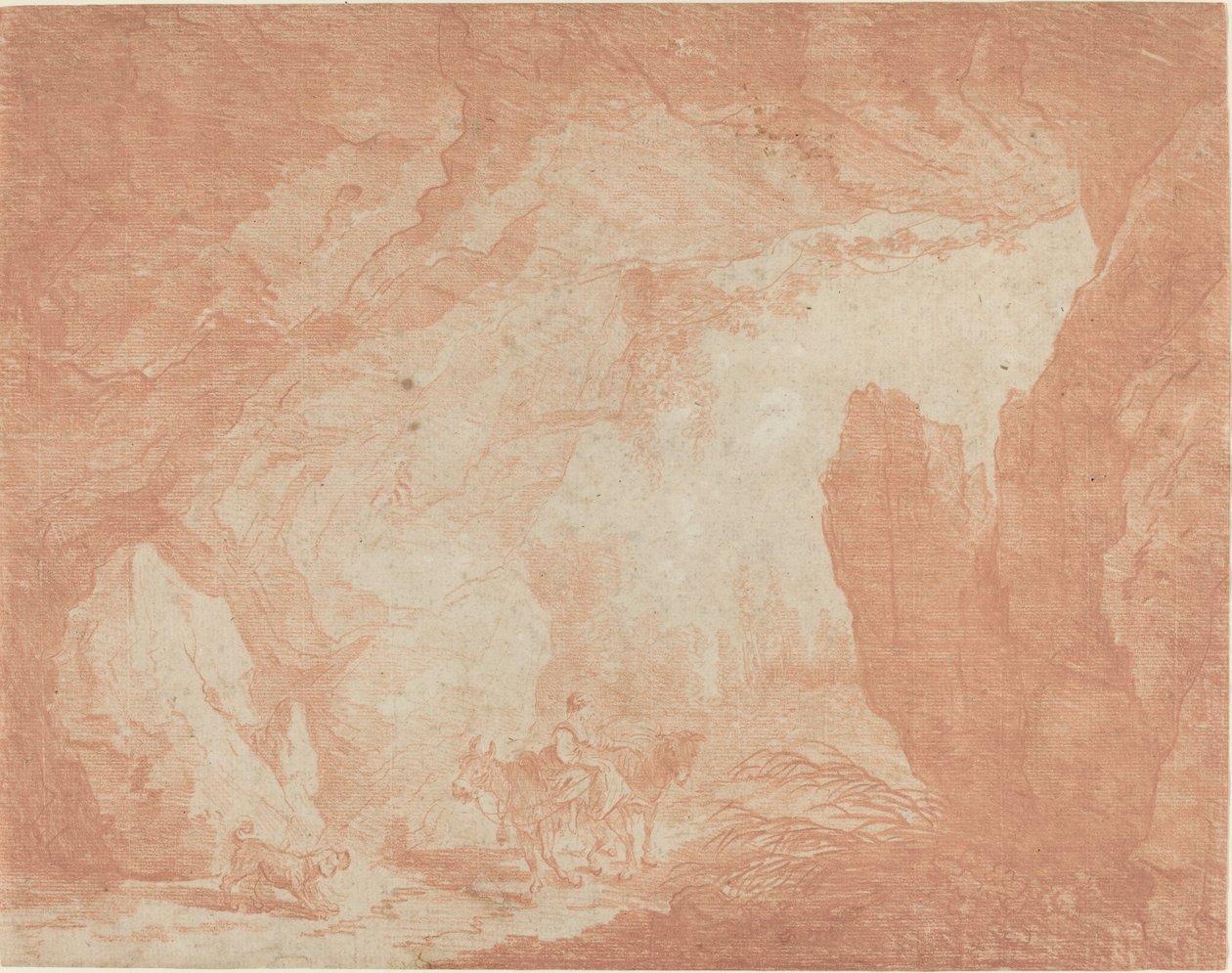 Ung kvinde med æsler, der rider under en naturlig bro af Hubert Robert