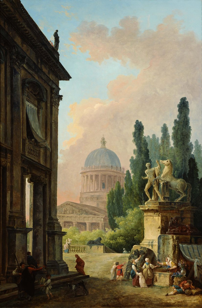 Et fantasifuldt romersk landskab med udsigt til kolosserne og katedralen i Monte Cavallo af Hubert Robert