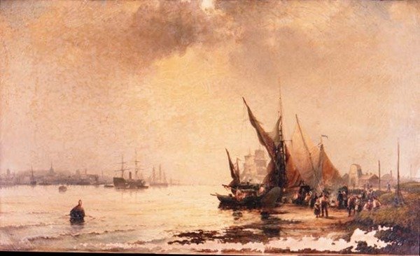 Fiskere på kysten i en rolig flodmundingsscene ved daggry af Hubert Thornley