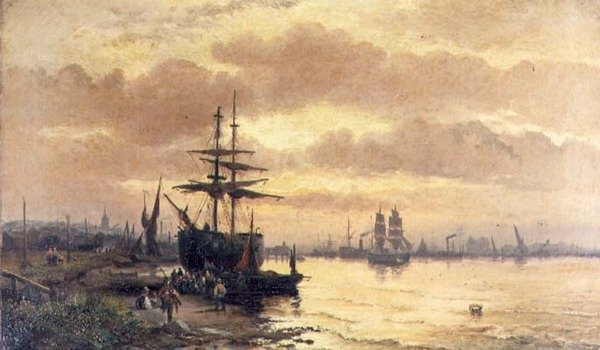 Fiskere ved bredden af en flodmunding ved solnedgang af Hubert Thornley