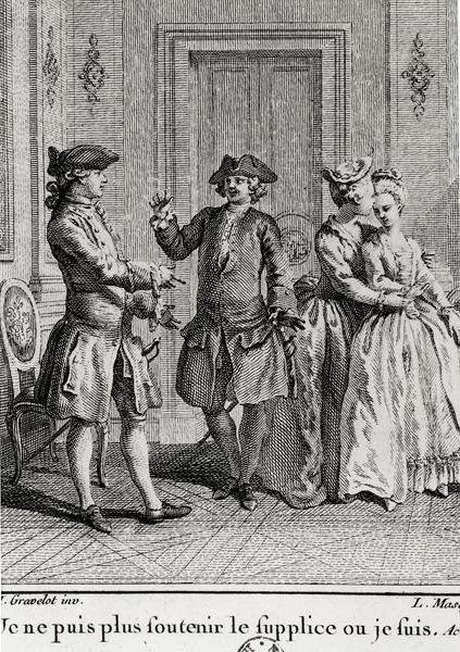 Jeg kan ikke tåle pinslerne her mere, hvor jeg er, illustration til Eugenie af Beaumarchais, indgraveret af Louis Joseph Masquelier (1741-1811) af Hubert after Gravelot